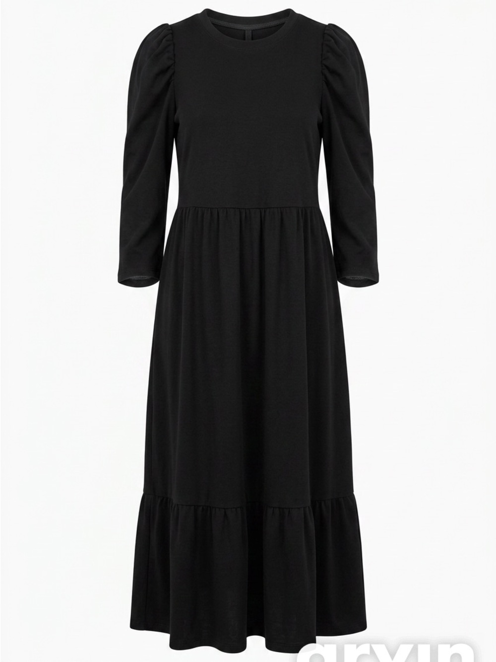 Black 3/4 Sleeve Midi Ruffle Shoulder Dress-Size Small